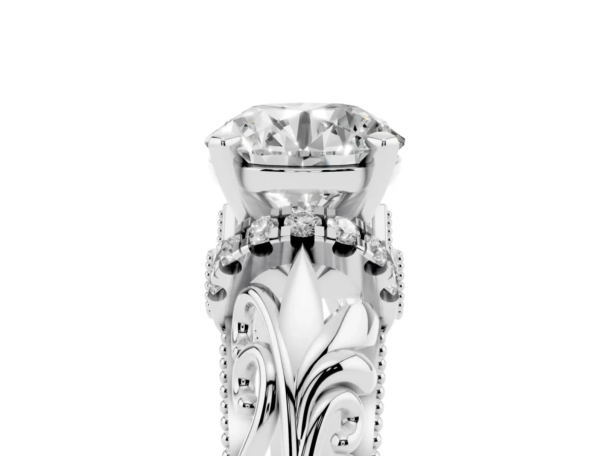 Round Cut Solitaire Filigree Engagement Ring with Halo and Prong Setting Platinum