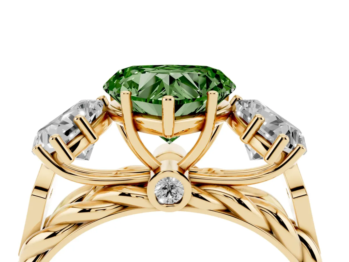 Fancy Green Three-Stone Heart Cut Diamond Braided Band Ring with Four-Prong Setting Yellow gold