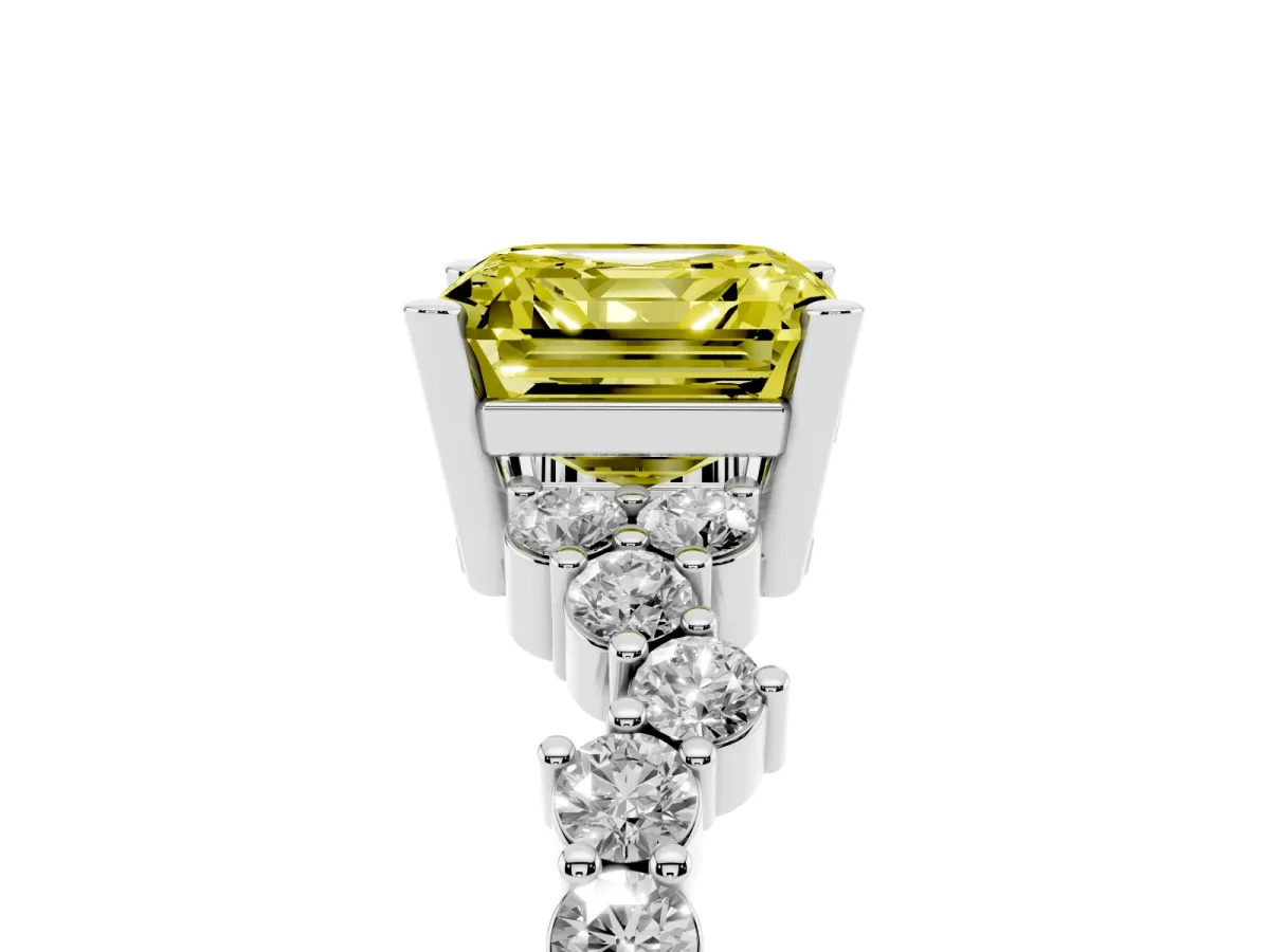 Fancy Yellow Asscher Cut Diamond Scattered Round Accent Ring with Prong Setting Silver
