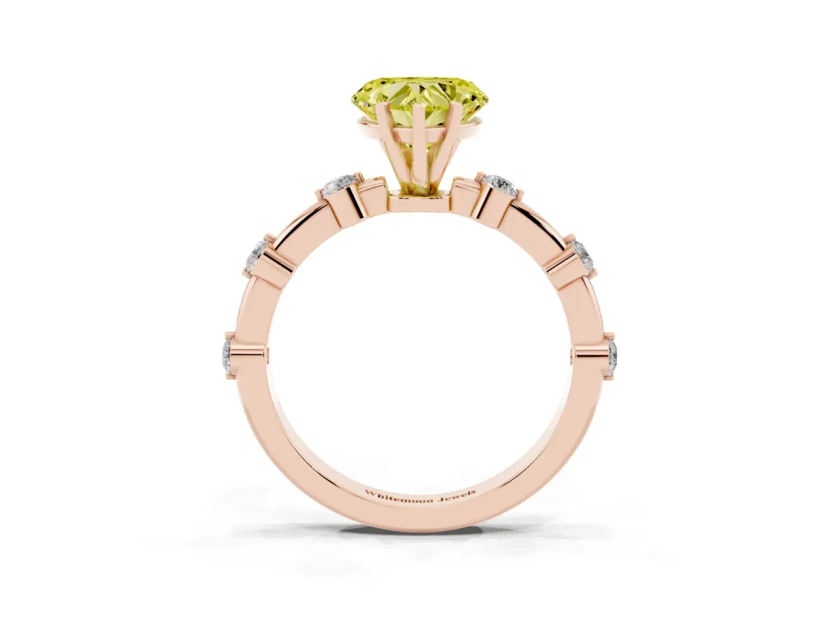 Fancy Yellow Heart Cut Solitaire Diamond Ring with Bezel Set Side Stones and Prong Setting Rose gold