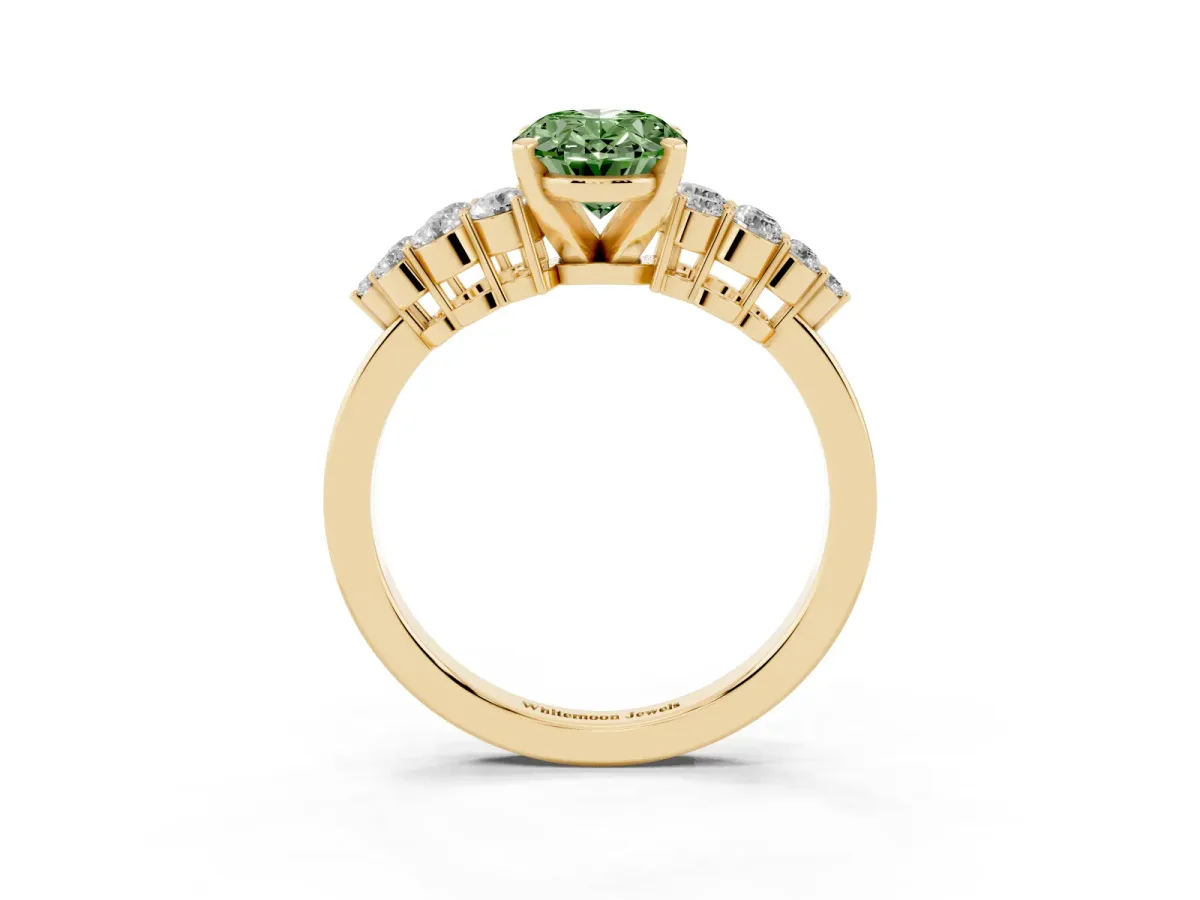 Fancy Green Oval Cut Cluster Diamond Engagement Ring with Pavé Band and Four-Prong Setting Yellow gold