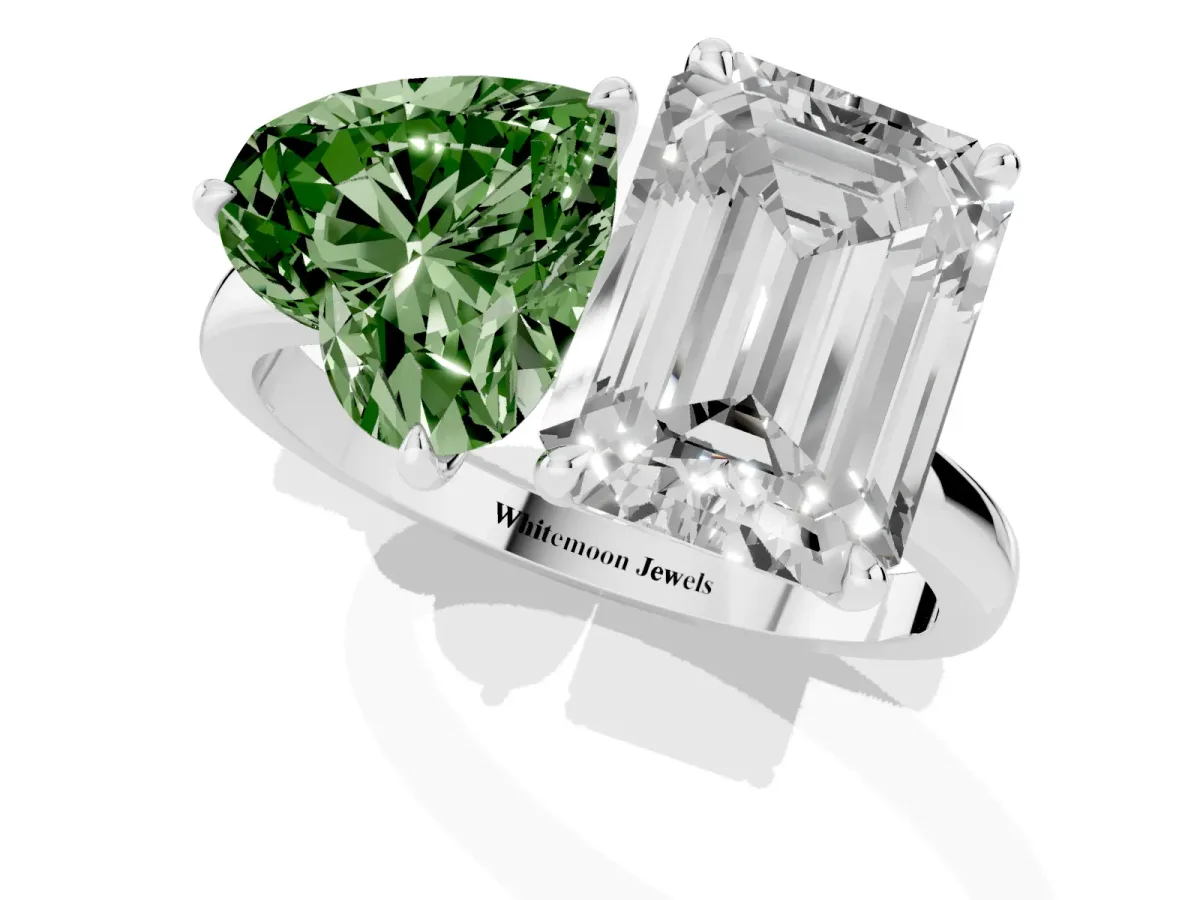 Fancy Green Heart Cut and Emerald Cut Toi Moi Ring with Prong Setting Silver