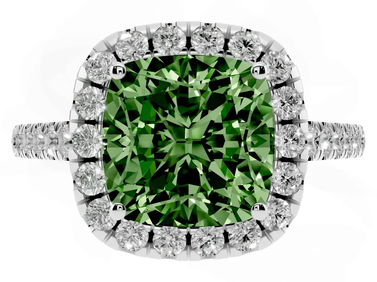 Fancy Green Cushion Cut Halo Pavé Diamond Engagement Ring with Four-Prong Setting White gold