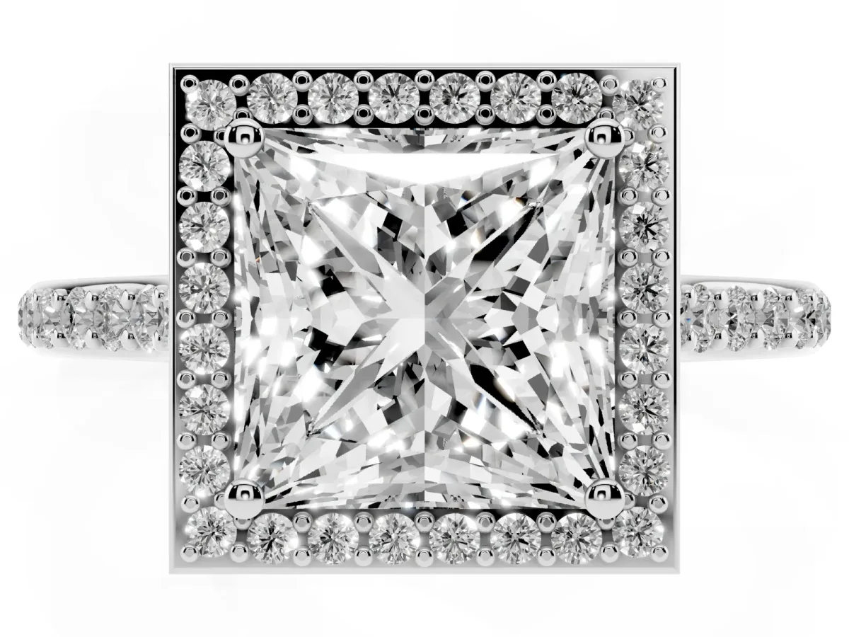 Princess Cut Diamond Halo Engagement Ring with Round Pavé Shoulders and Prong Setting Silver