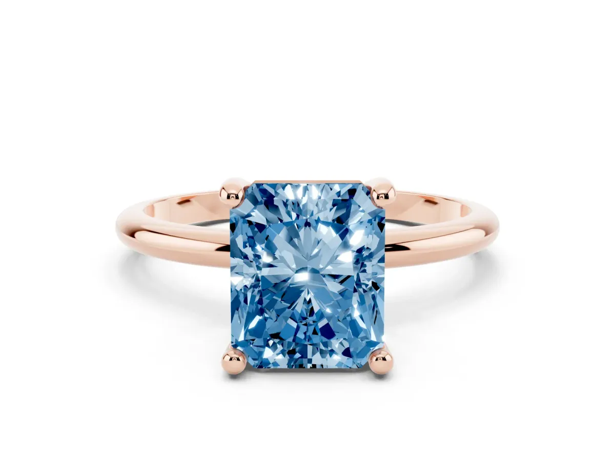 Fancy Blue Radiant Cut Solitaire Diamond Ring with 4-Prong Setting on a Classic Band Rose gold