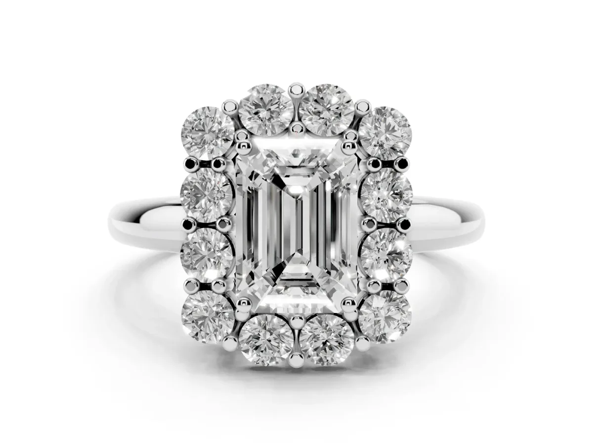 Emerald Cut Halo Cluster Diamond Engagement Ring with Prong Setting and Polished Band Silver