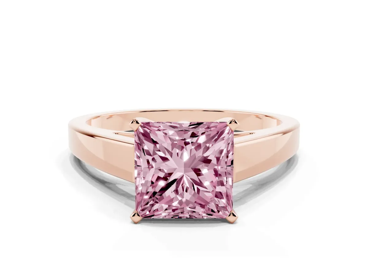 Fancy Pink Princess Cut Solitaire Engagement Ring with Four-Prong Setting and Tapered Band Rose gold