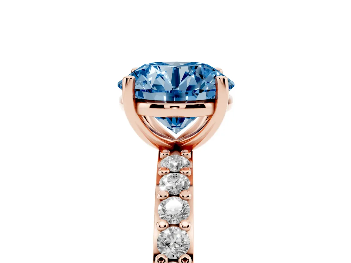 Fancy Blue Round Cut Cut Diamond Solitaire with Pave Band and Four-Prong Setting Rose gold