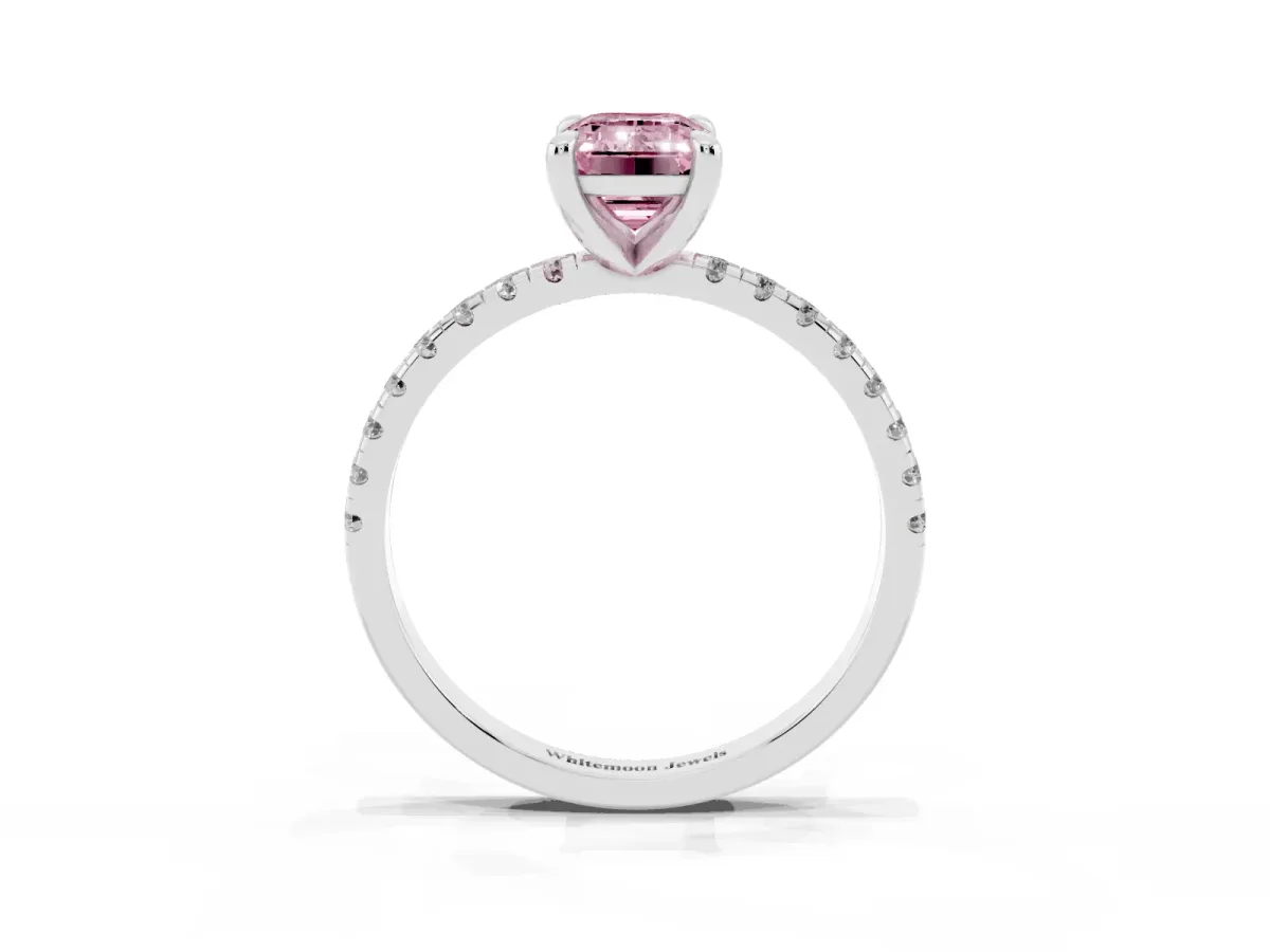 Fancy Pink Emerald Cut Diamond Brilliant Solitaire Ring with Pavé Band and Four-Prong Setting Silver