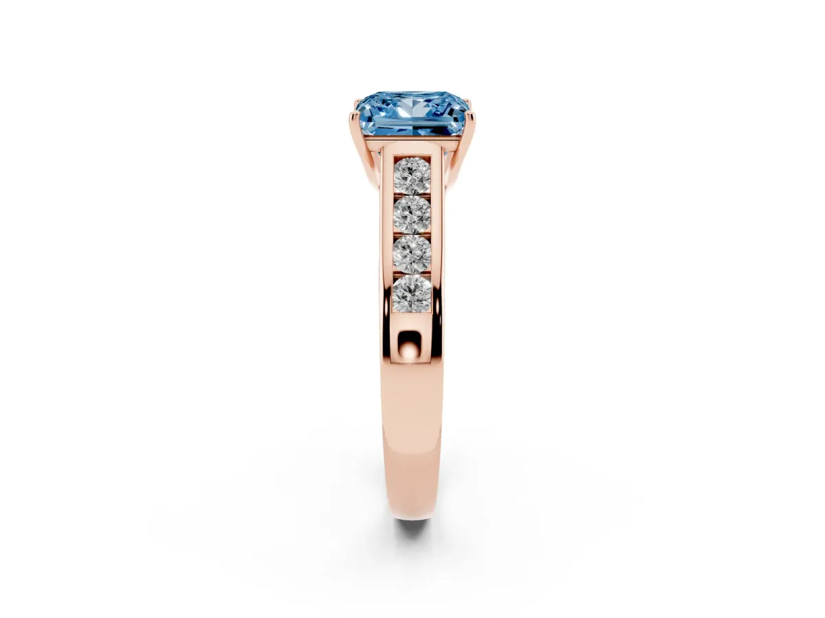 Fancy Blue Princess Cut Solitaire Channel-Set Diamond Engagement Ring with Four-Prong Setting Rose gold