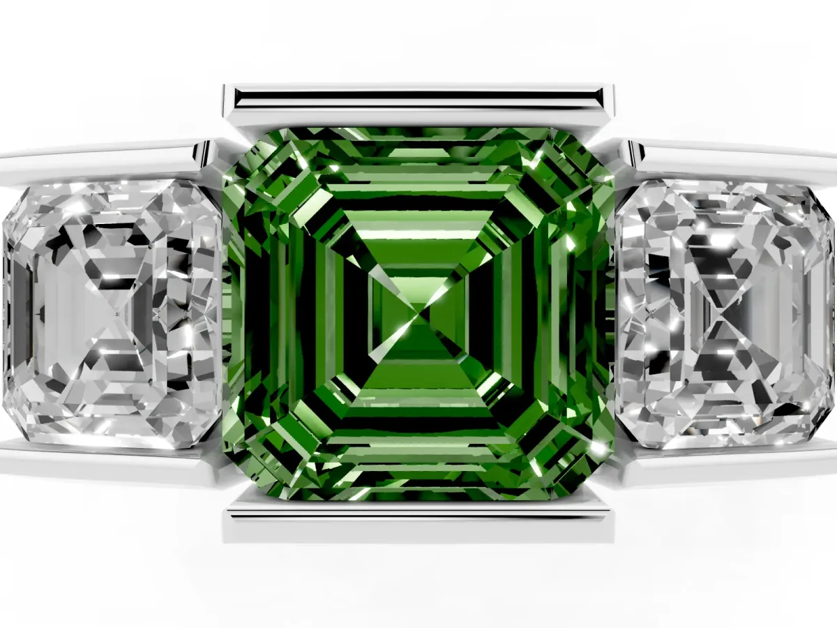 Fancy Green Three Stone Asscher Cut Cut Channel Set Diamond Ring Silver