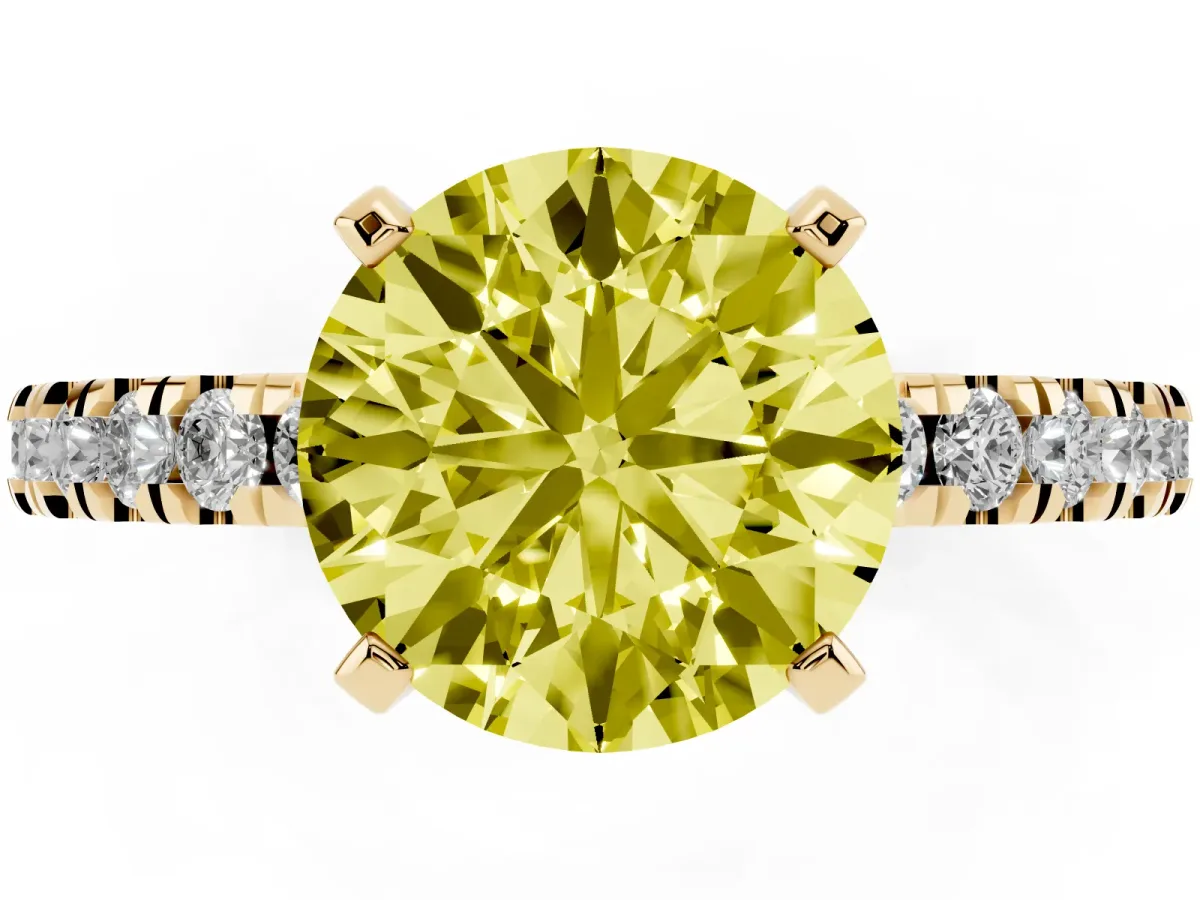 Fancy Yellow Round Cut Solitaire Diamond with Pavé Band and Four-Prong Setting Yellow gold