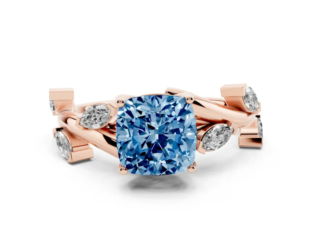 Fancy Blue Cushion Cut Solitaire Twisted Band Marquise Accent Prong Setting Ring Rose gold