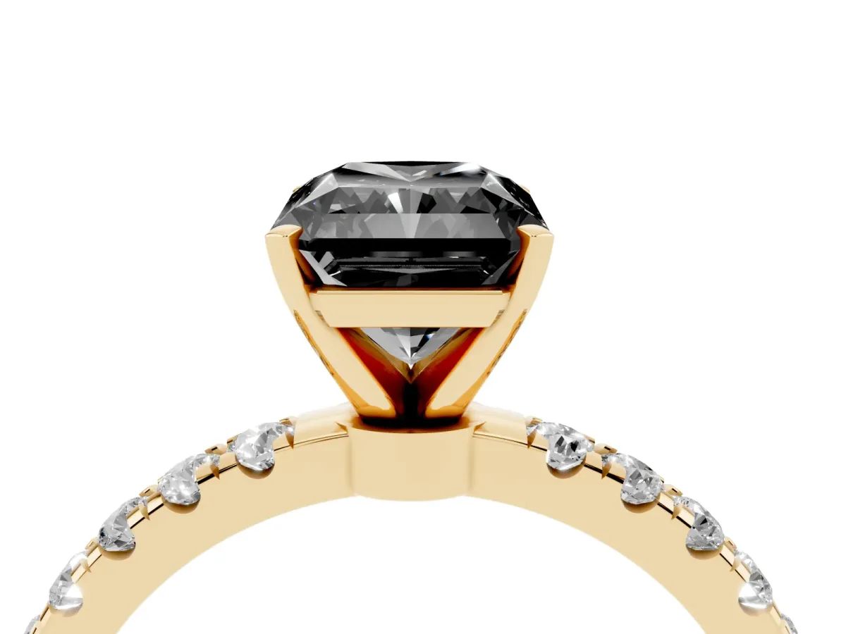 Fancy Black Radiant Cut Diamond Solitaire Ring with Pavé Accents and Four-Prong Setting Yellow gold