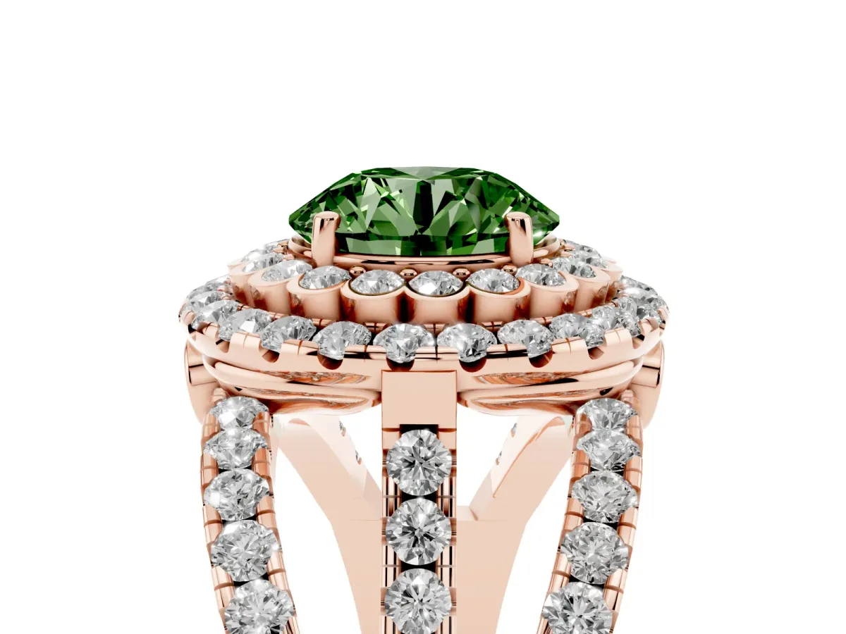 Fancy Green Round Cut Diamond Double Halo Ring with Round Pavé Split Shank and Prong Setting Rose gold