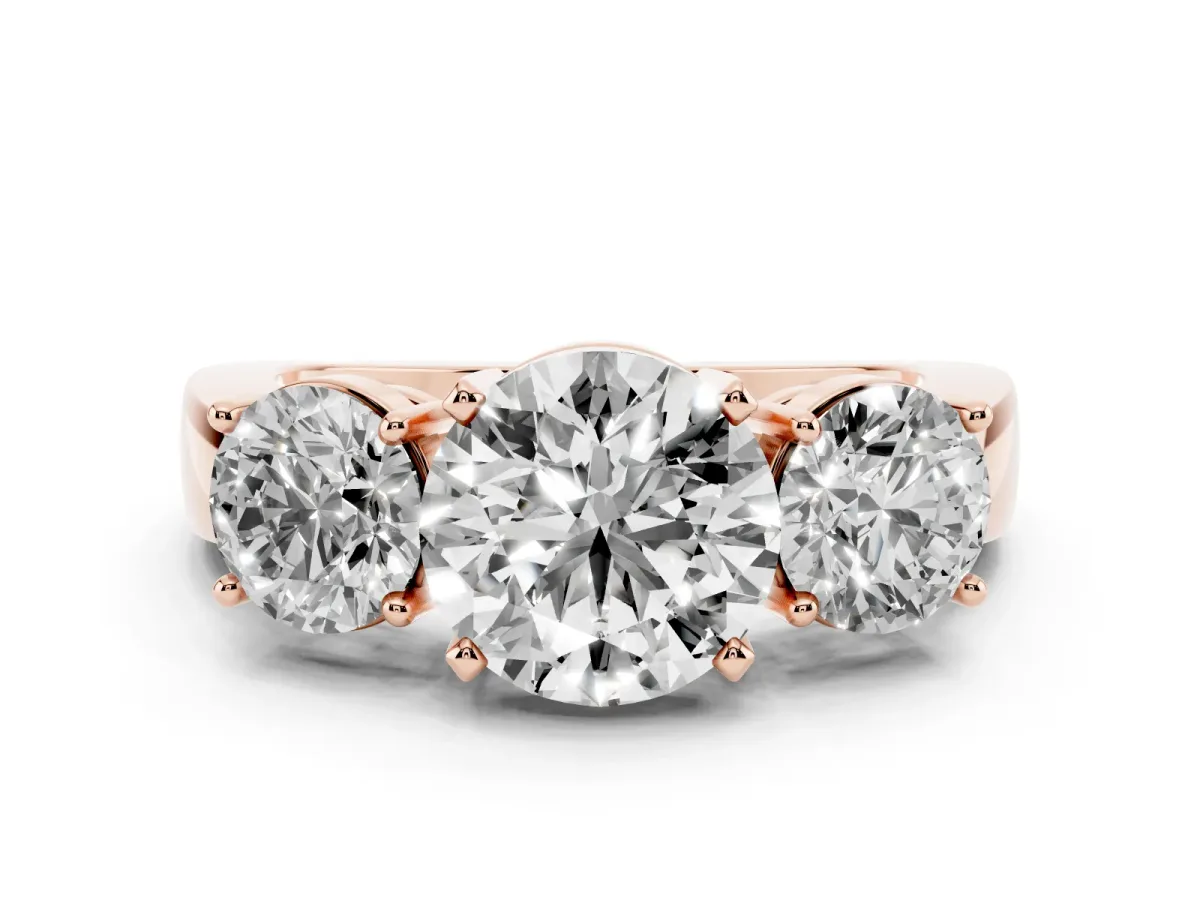 Three-Stone Round Cut Diamond Ring with Round Side Stones, Classic Band, and Four-Prong Setting Rose gold