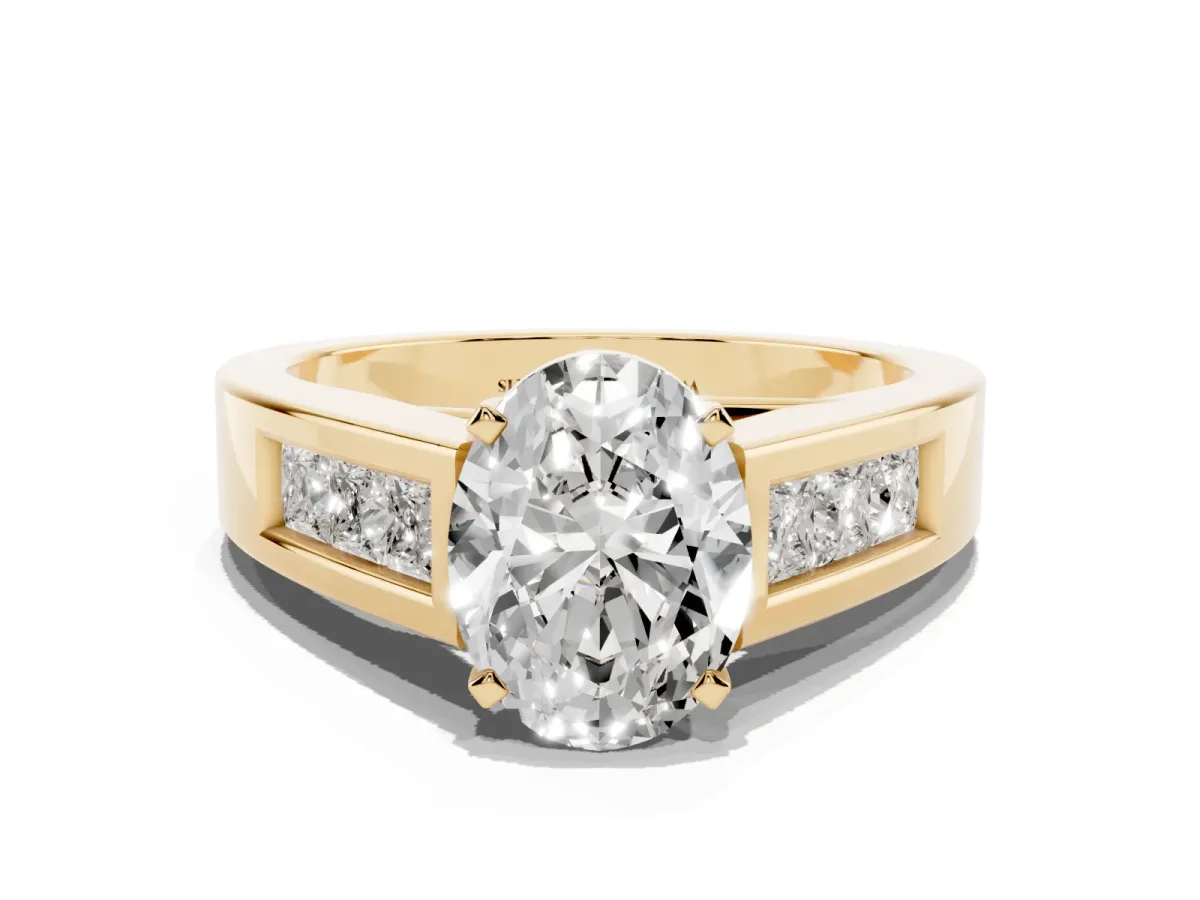 Oval Cut Cut Channel Set Solitaire Ring with Four-Prong Setting Yellow gold