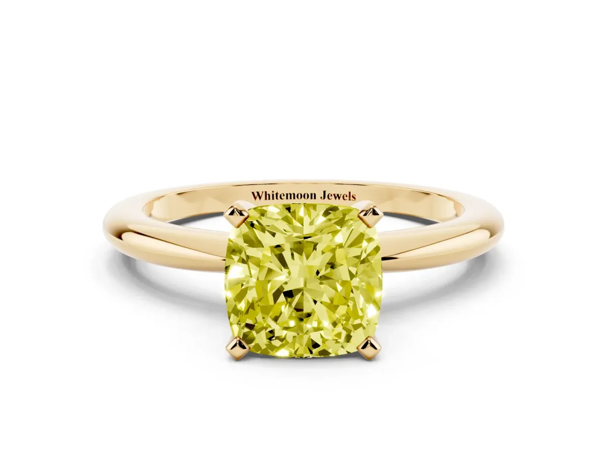 Fancy Yellow Cushion Cut Diamond Solitaire Ring with Prong Setting and Classic Band Yellow gold