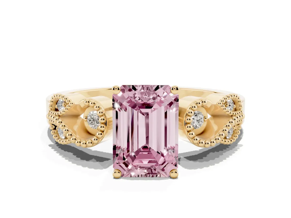 Fancy Pink Emerald Cut Solitaire Milgrain Leaf Band with Prong Setting Yellow gold