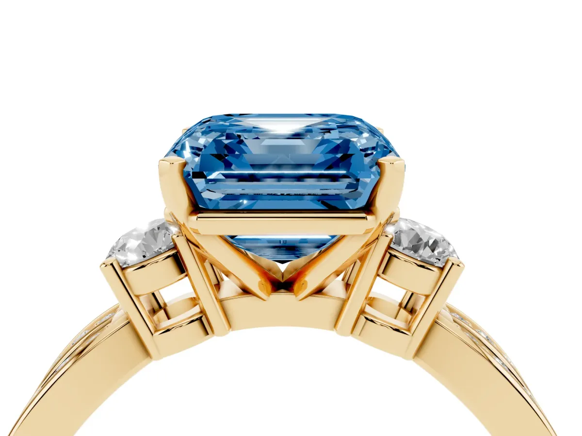 Fancy Blue Three-Stone Asscher Cut Cut Diamond Twist Band with Prong Setting Yellow gold