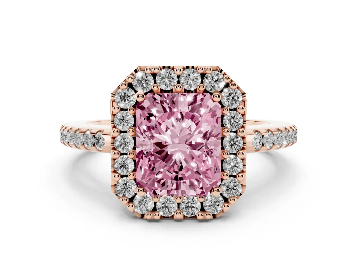 Fancy Pink Radiant Cut Diamond Pavé Halo Ring with Four-Prong Setting Rose gold