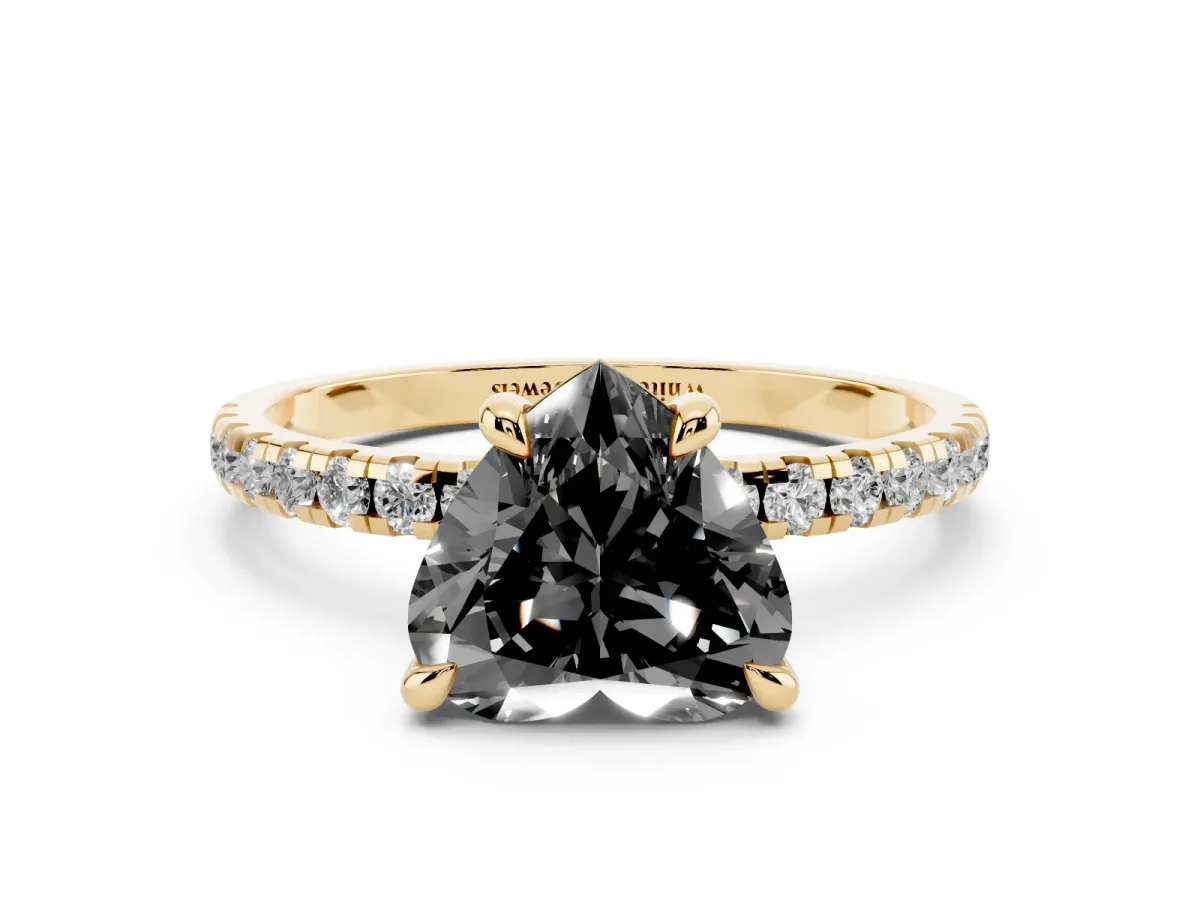 Fancy Black Heart Cut Diamond Brilliant Solitaire Ring with Pavé Band and Four-Prong Setting Yellow gold