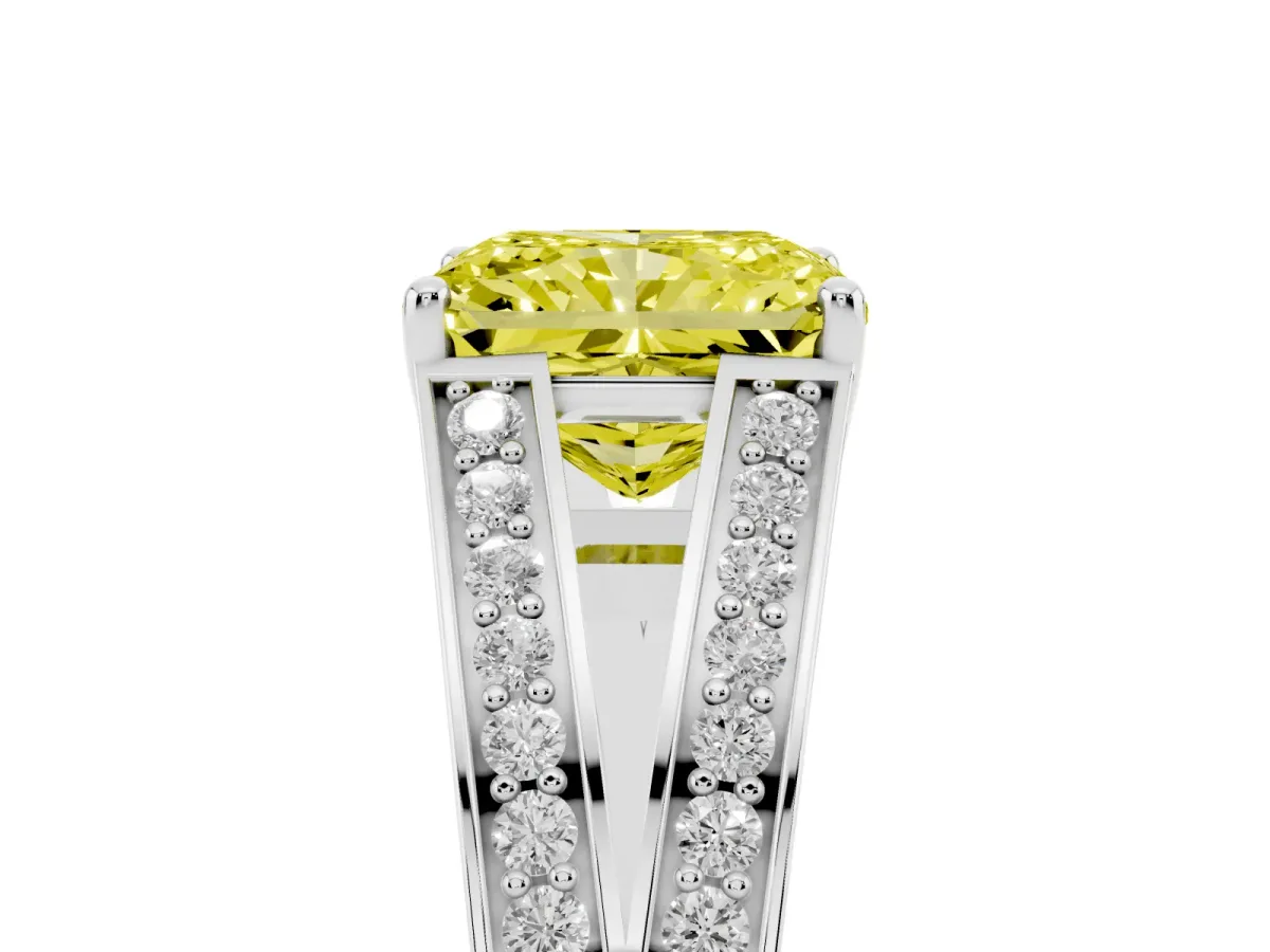 Fancy Yellow Radiant Cut Diamond Split Shank Ring with Pavé Band and Four-Prong Setting Platinum