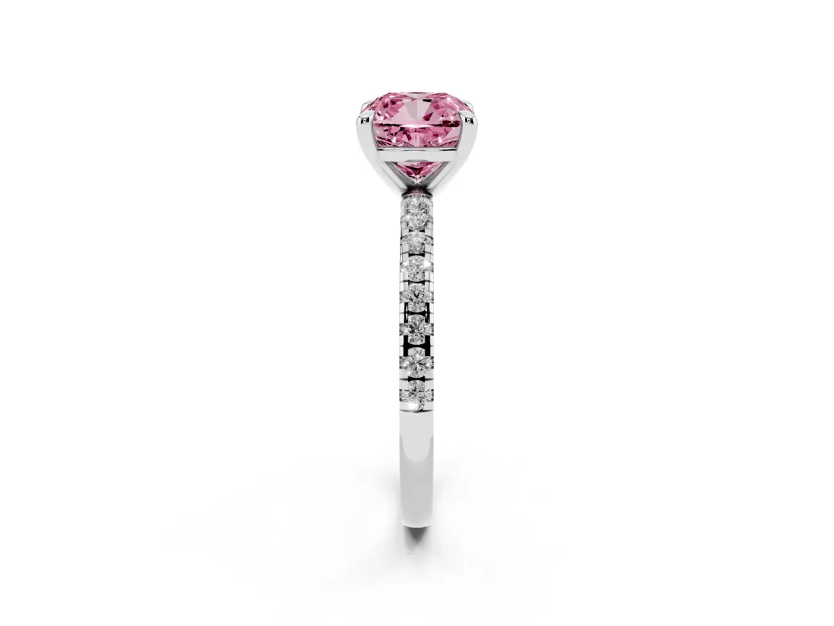 Fancy Pink Cushion Cut Diamond Brilliant Solitaire Ring with Pavé Band and Four-Prong Setting White gold
