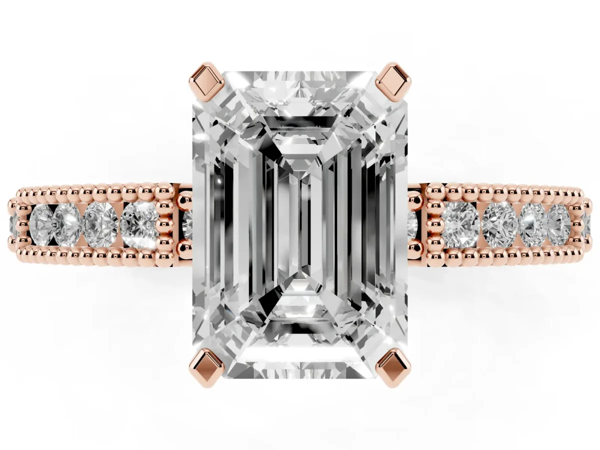 Emerald Cut Solitaire with Pavé Band and Four-Prong Setting Rose gold