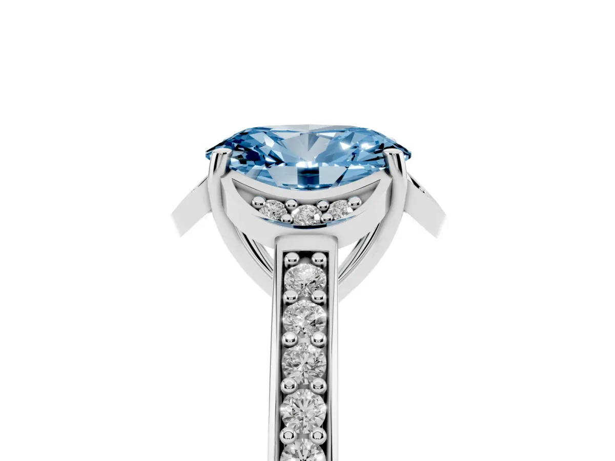 Fancy Blue Oval Cut Cut Halo Diamond Ring with Channel Set Band and Four-Prong Setting Silver
