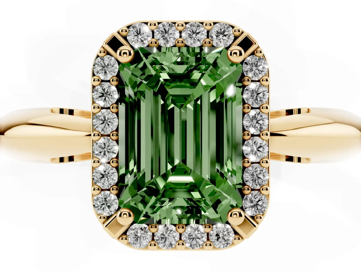Fancy Green Emerald Cut Cut Diamond Halo Engagement Ring with Split Shank and Four-Prong Setting Yellow gold