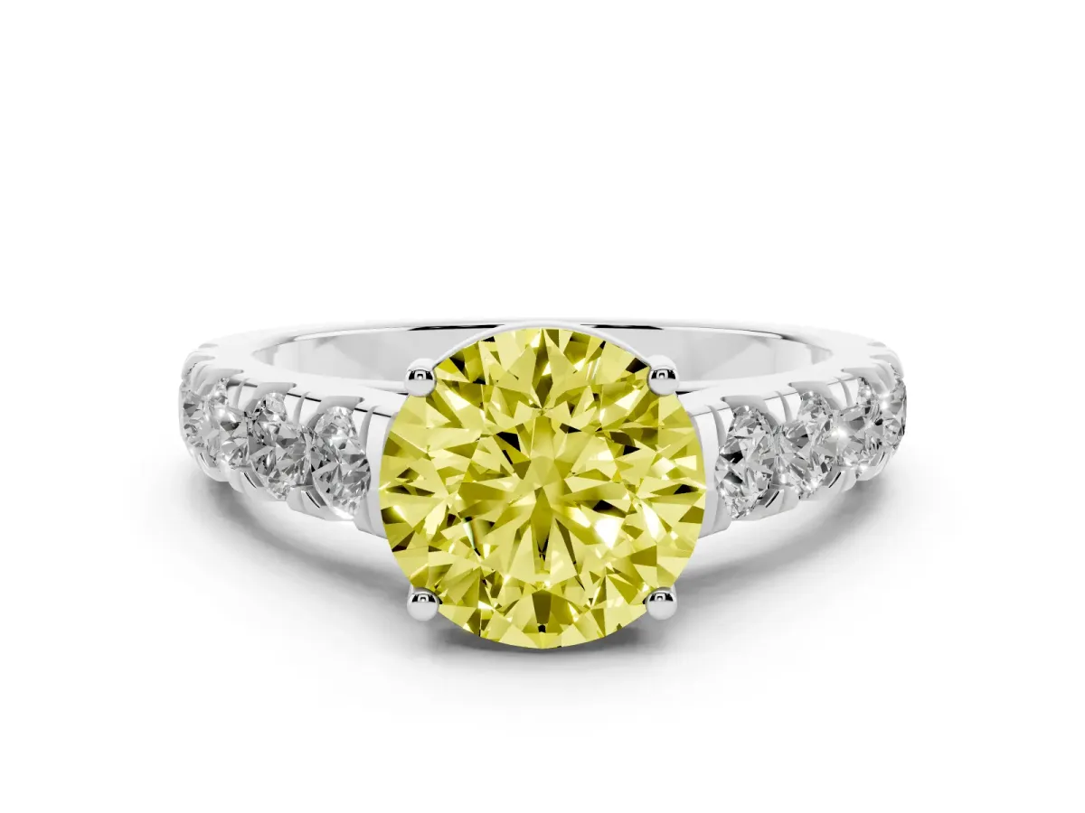 Fancy Yellow Round Cut Cut Diamond Solitaire Ring with Micro Pave Band and Prong Setting Platinum