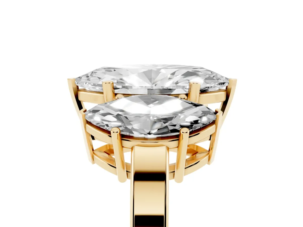 Three-Stone Marquise Cut Cut Diamond Engagement Ring with Flat Band and Four-Prong Setting Yellow gold