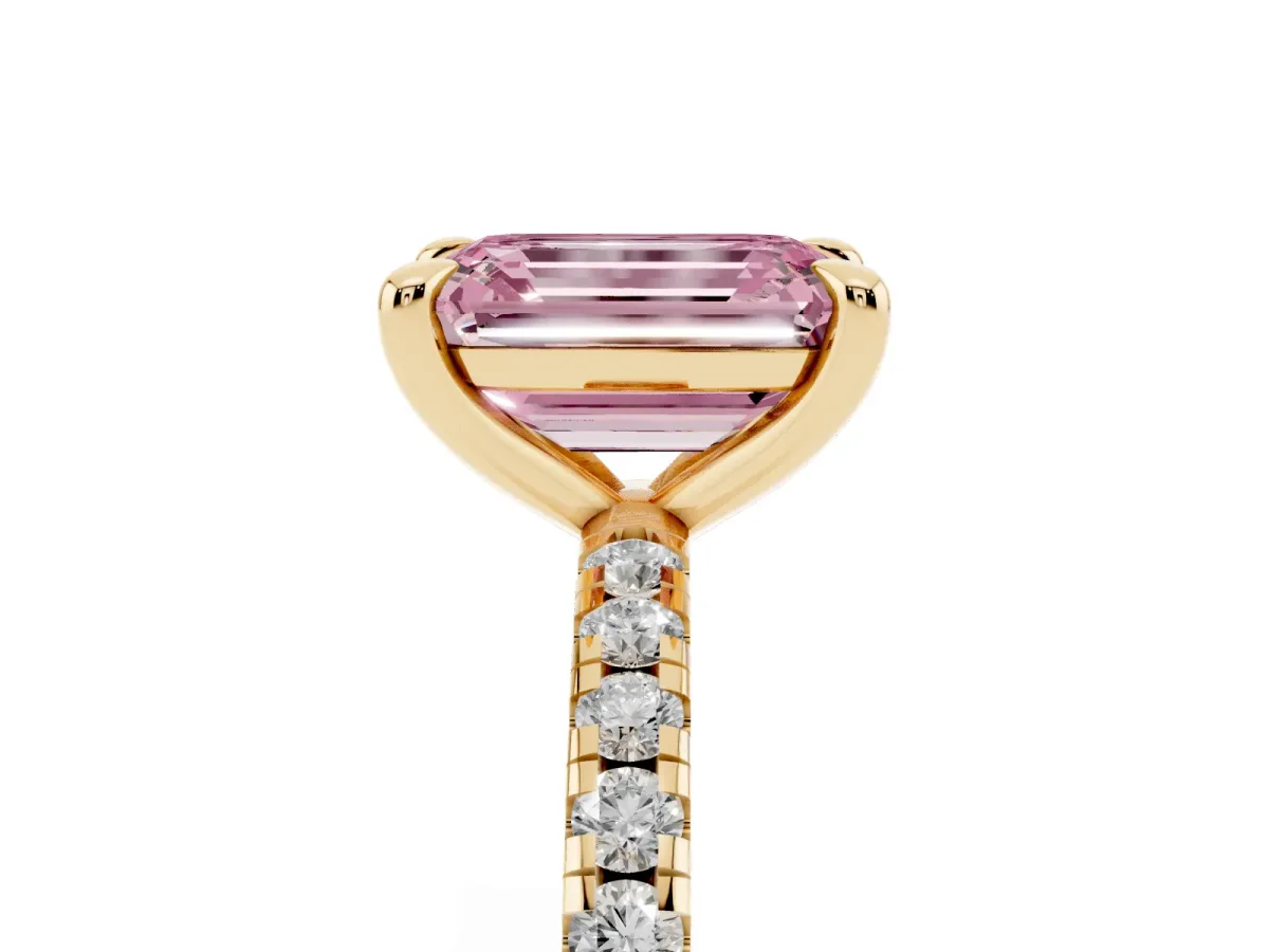 Fancy Pink Emerald Cut Diamond Brilliant Solitaire Ring with Pavé Band and Four-Prong Setting Yellow gold