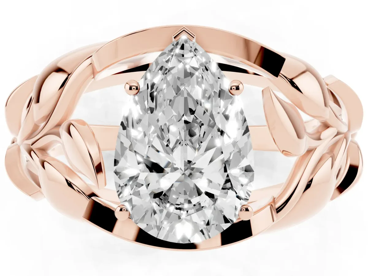 Pear Cut Diamond Leaf-Inspired Engagement Ring with Round Accents and Prong Setting Rose gold