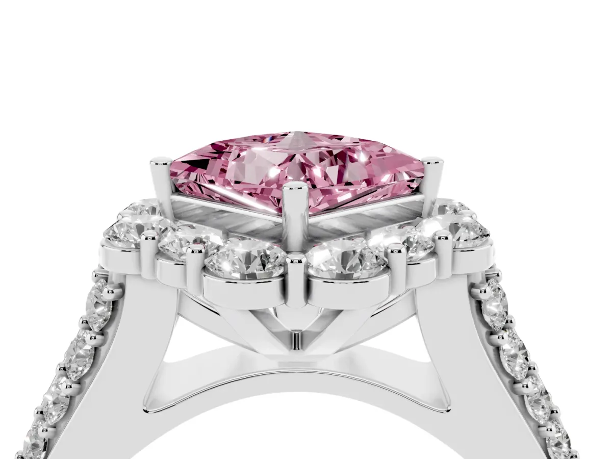 Fancy Pink Princess Cut Halo Diamond Engagement Ring with Split Shank and Prong Setting Silver