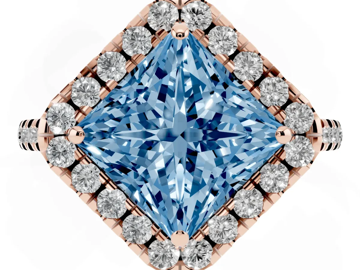 Fancy Blue Princess Cut Diamond Cushion Halo Ring with Pavé Band Rose gold