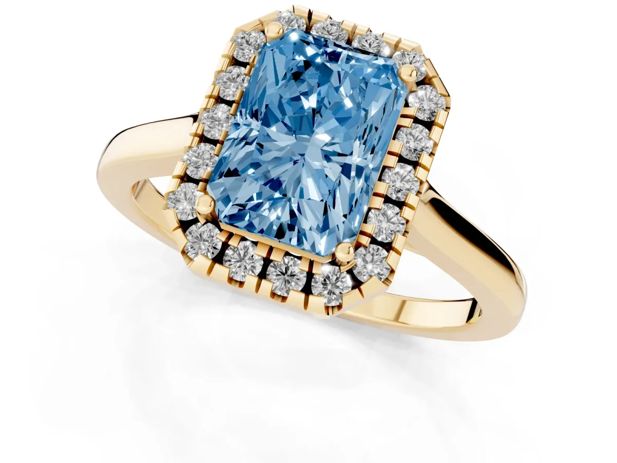 Fancy Blue Radiant Cut Halo Round Diamond Solitaire Ring with Pavé Band and Four-Prong Setting Yellow gold