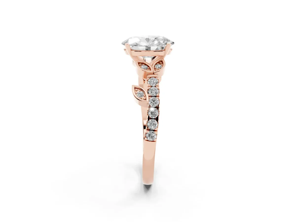 Oval Cut Solitaire Leaf-Inspired Diamond Ring with Pavé Band and Four-Prong Setting Rose gold