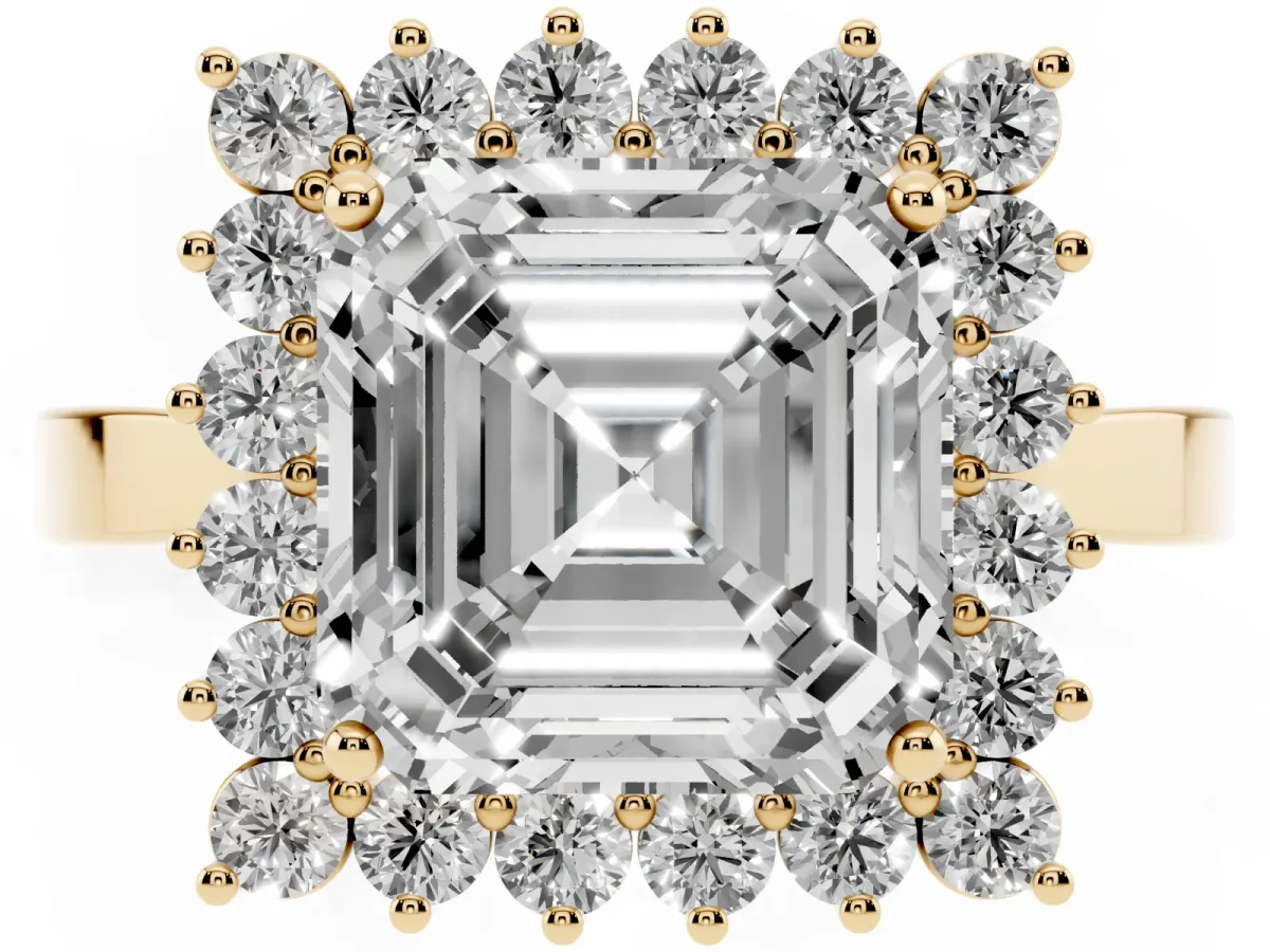 Asscher Cut Cut Diamond Halo Ring with Round Brilliant Halo and Solitaire Band Yellow gold
