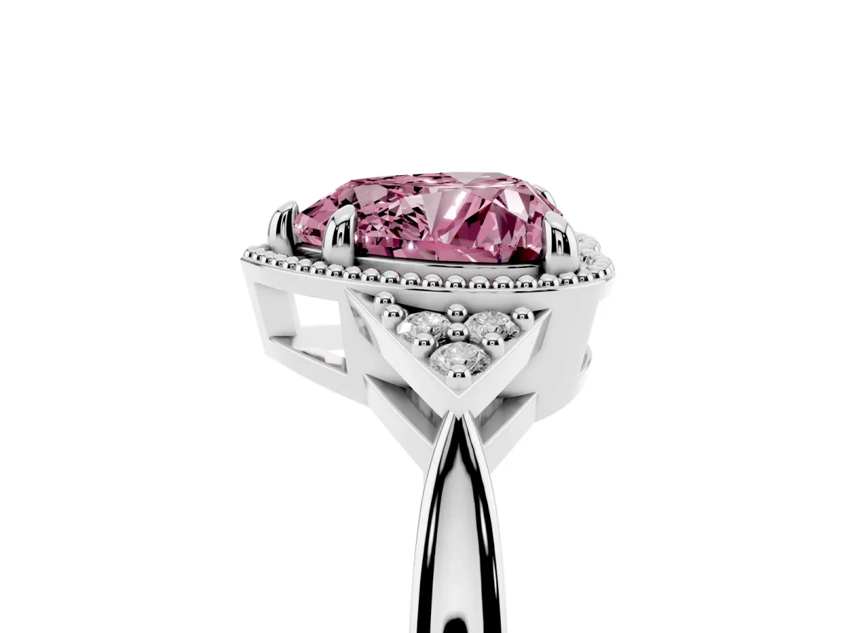 Fancy Pink Hexagonal Halo Heart Cut Diamond Solitaire with Pavé Band and Four-Prong Setting Silver