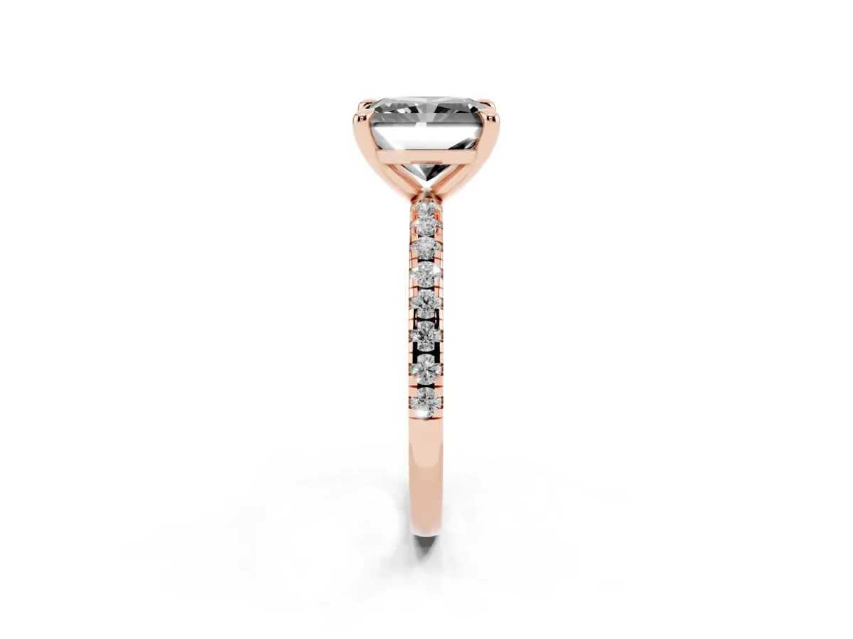 Fancy Black Radiant Cut Diamond Brilliant Solitaire Ring with Pavé Band and Four-Prong Setting Rose gold