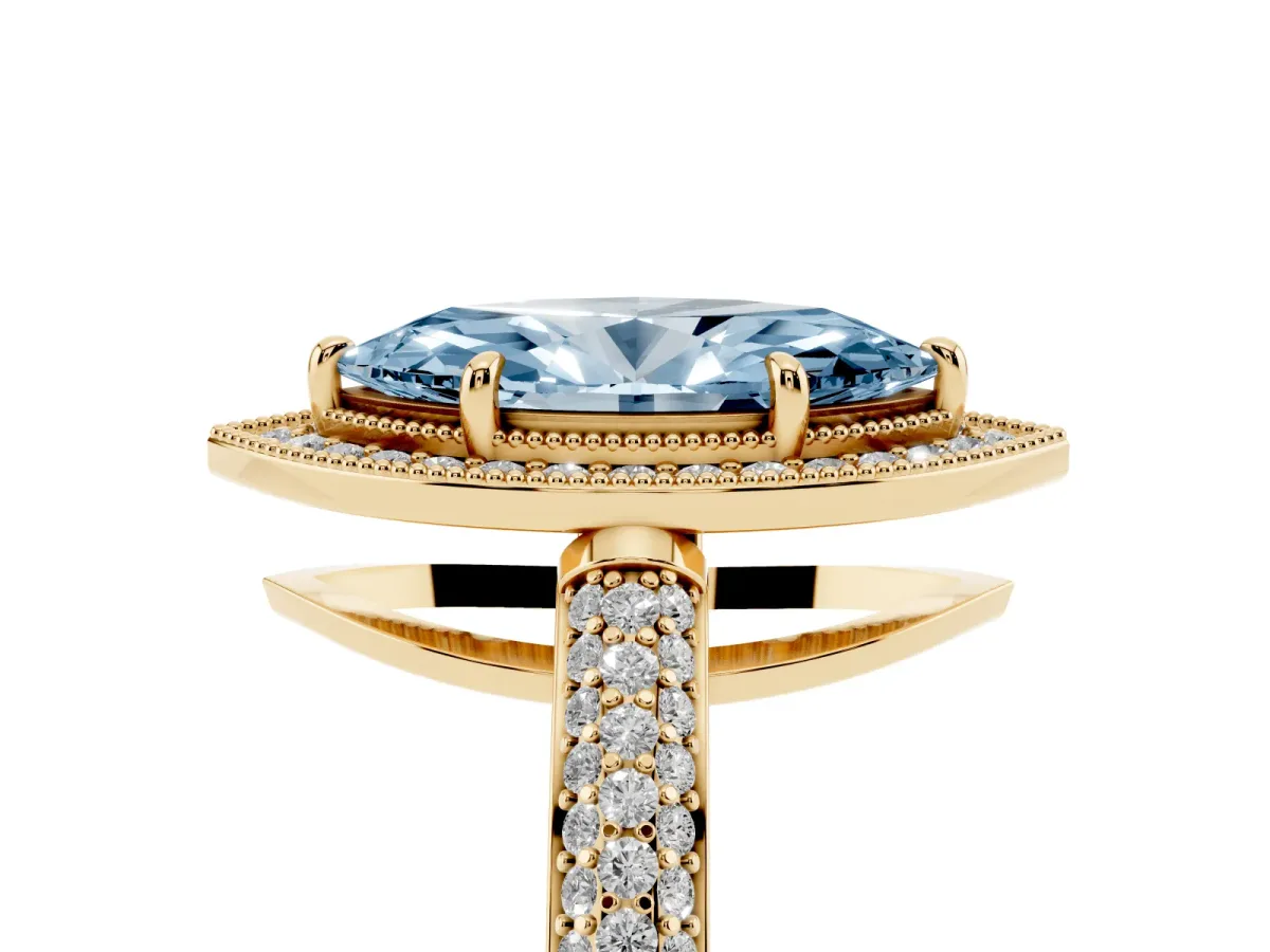 Fancy Blue Marquise Cut Cut Halo Diamond Pave Band with Four-Prong Setting Yellow gold