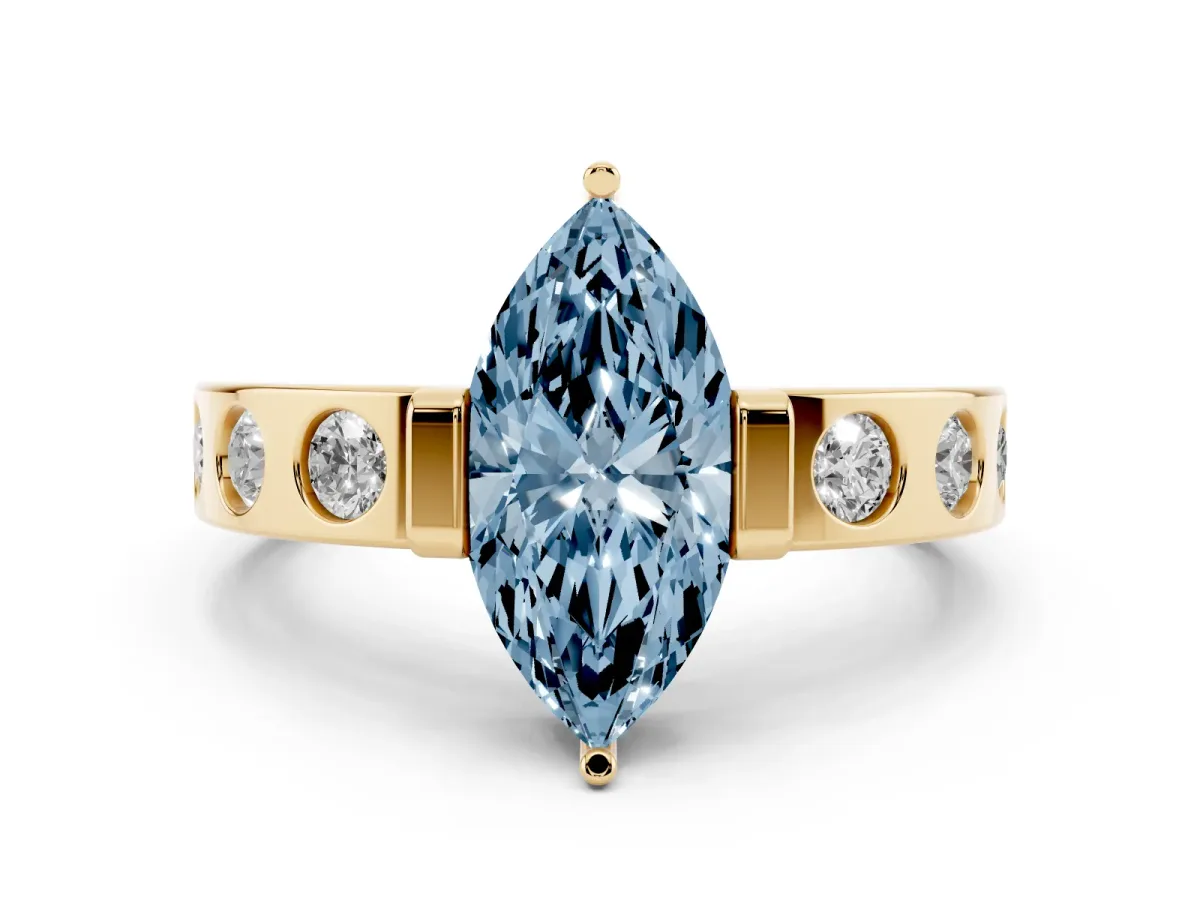 Fancy Blue Marquise Cut Brilliant Channel-Set Diamond Ring with Bezel Prong Setting Yellow gold