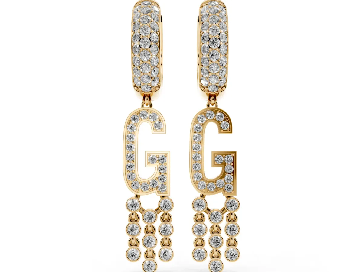 Round Diamond Initial G Huggie Hoop Earrings Yellow gold