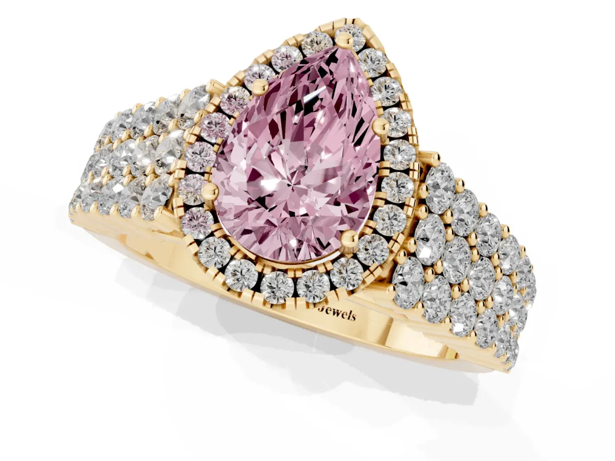 Fancy Pink Pear Cut Diamond Halo Engagement Ring with Triple Row Round Pavé Band and Prong Setting Yellow gold