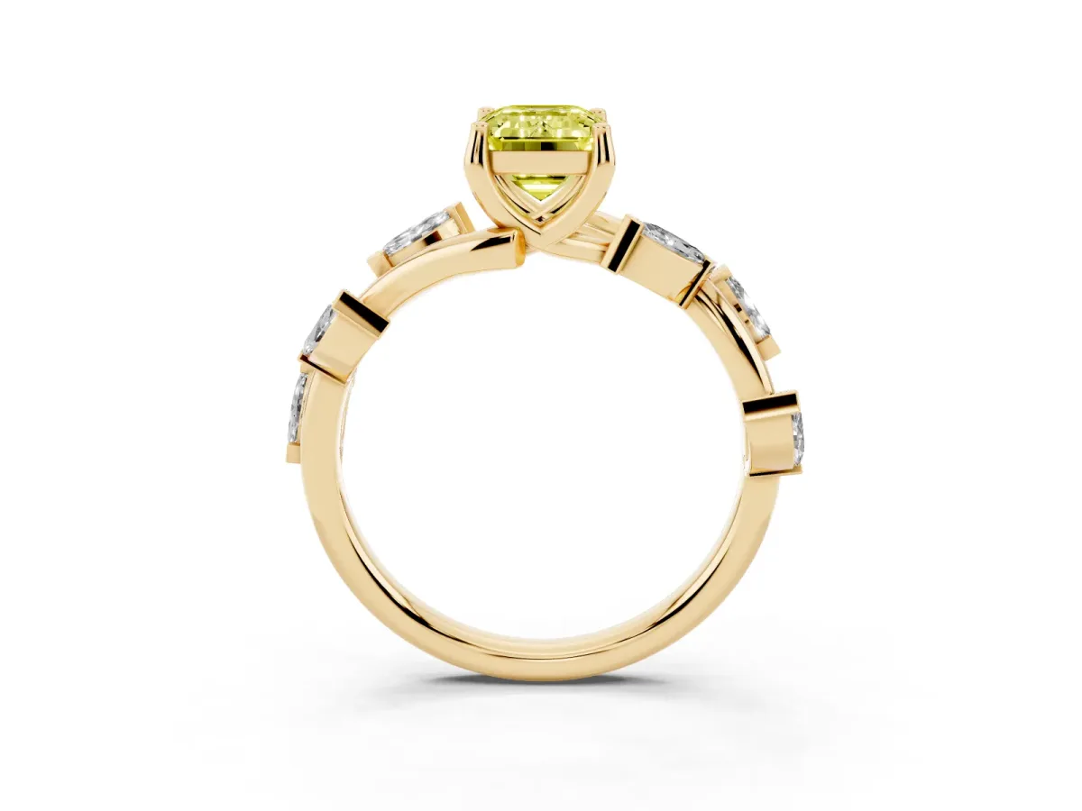 Fancy Yellow Emerald Cut Solitaire Twisted Band Marquise Accent Prong Setting Ring Yellow gold