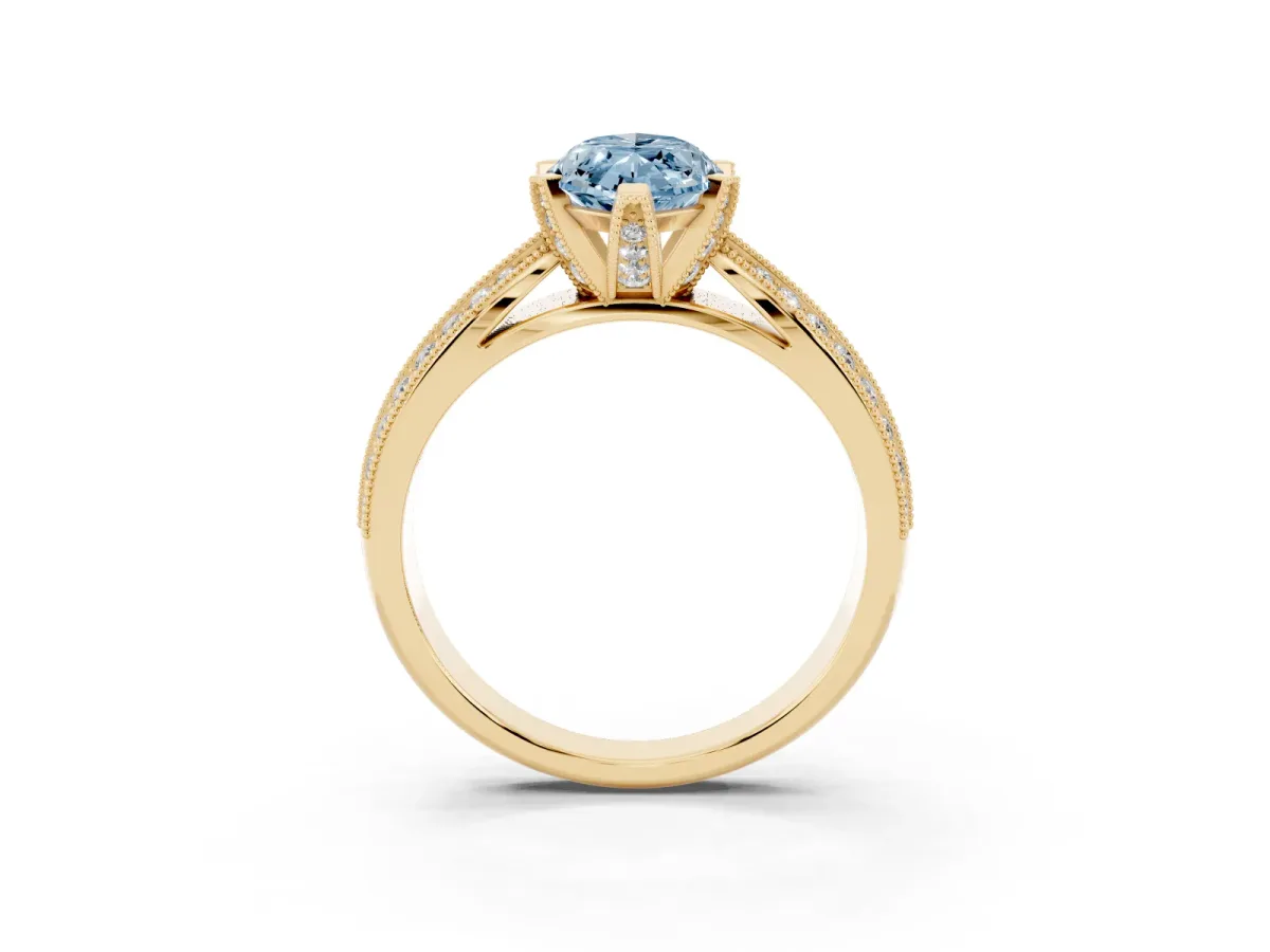 Fancy Blue Marquise Cut Diamond Solitaire Ring with Milgrain Round Pavé Band and Prong Setting Yellow gold