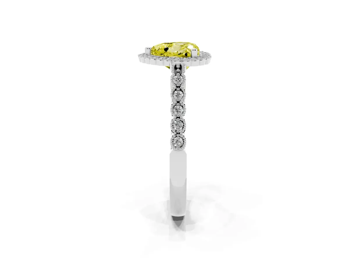 Fancy Yellow Heart Cut Cut Halo Pavé Solitaire Ring with Milgrain Band Silver