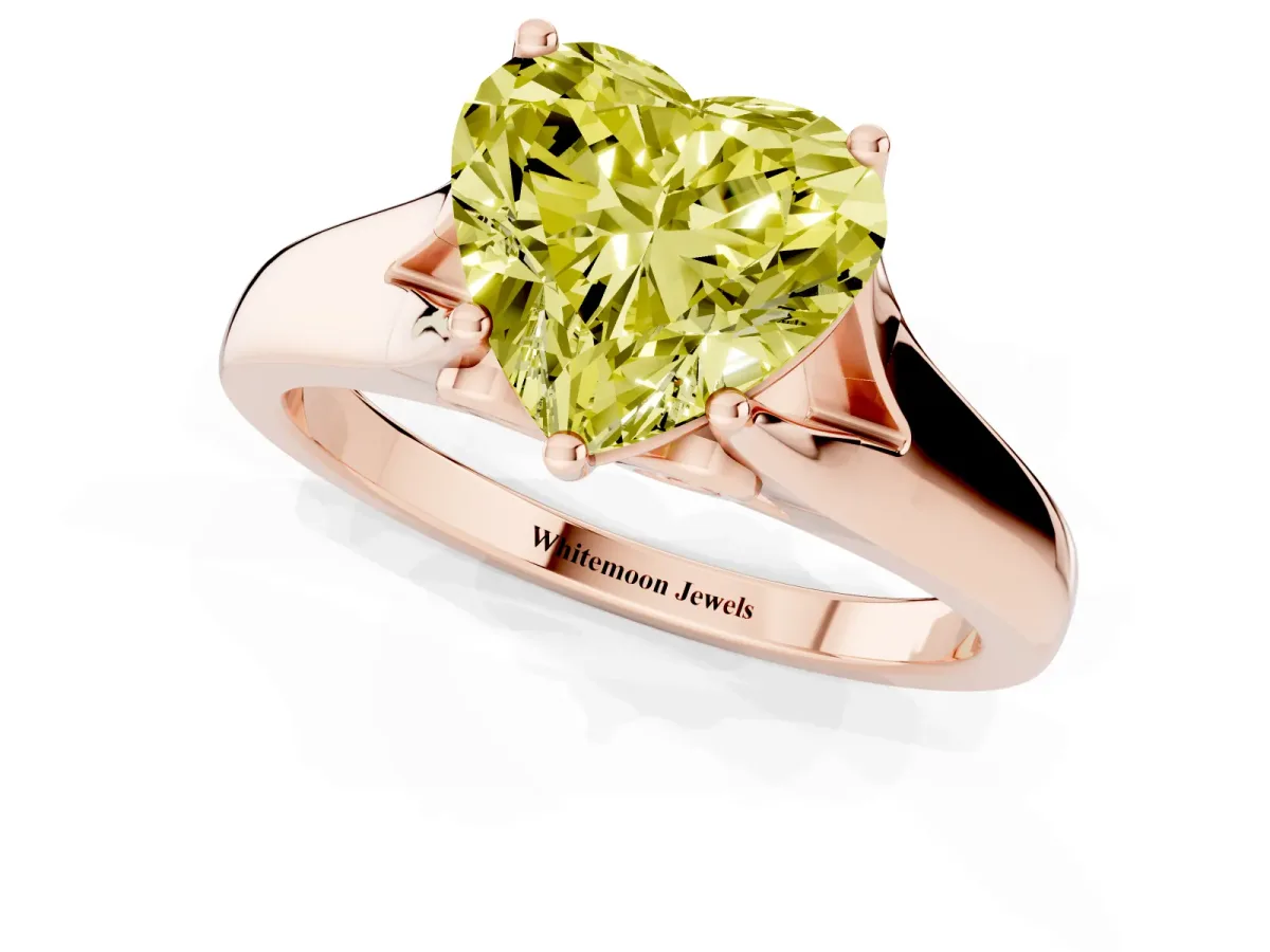 Fancy Yellow Heart Cut Solitaire Diamond Ring with Cathedral Band and Four-Prong Setting Rose gold